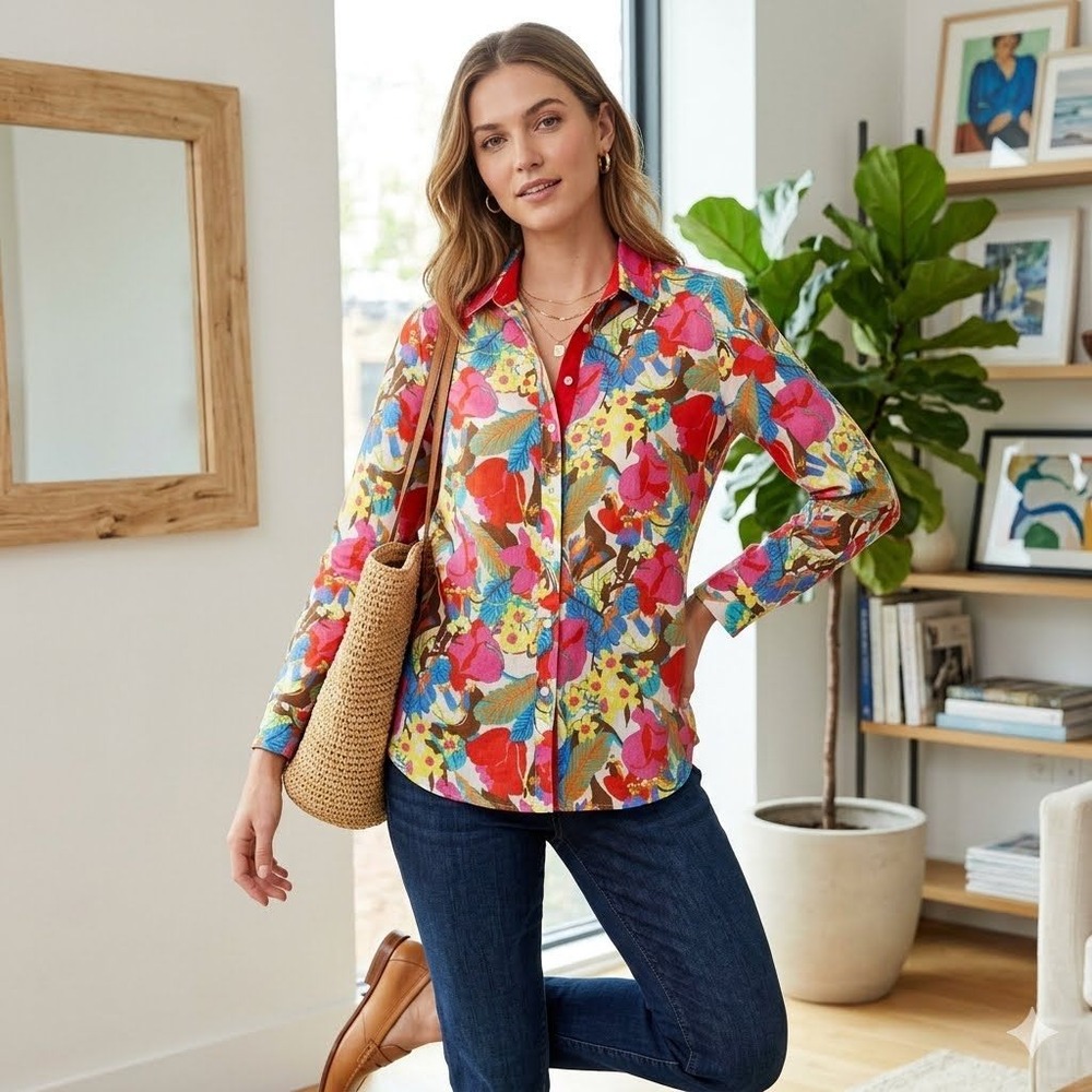 J.McLaughlin Womens Floral Tropical Button Down Shirt Long Sleeve Multi Color M‎